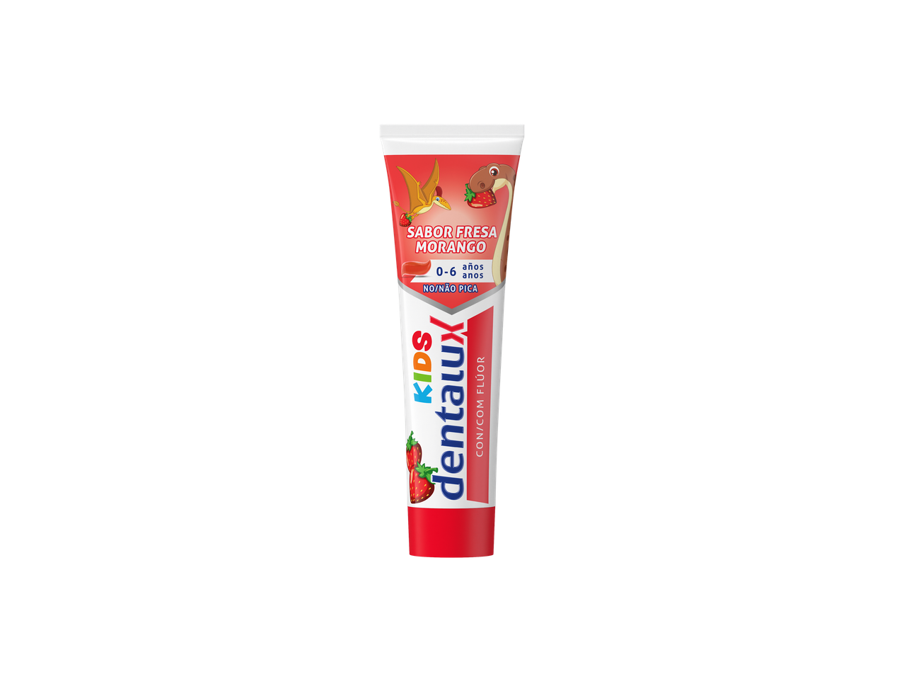 Pasta de dente DentaLux Kids sabor morango para crianças de 0 a 6 anos.