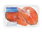 Embalagem de postas de salmão frescas com instruções de cozedura e informações do produto.
