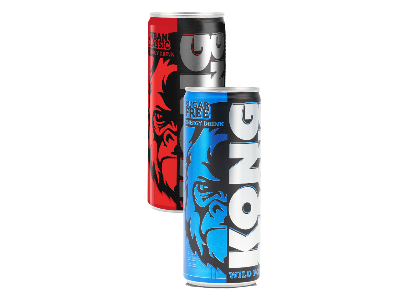 Due lattine di bevanda energetica Kong, una rossa e una blu, su sfondo nero.