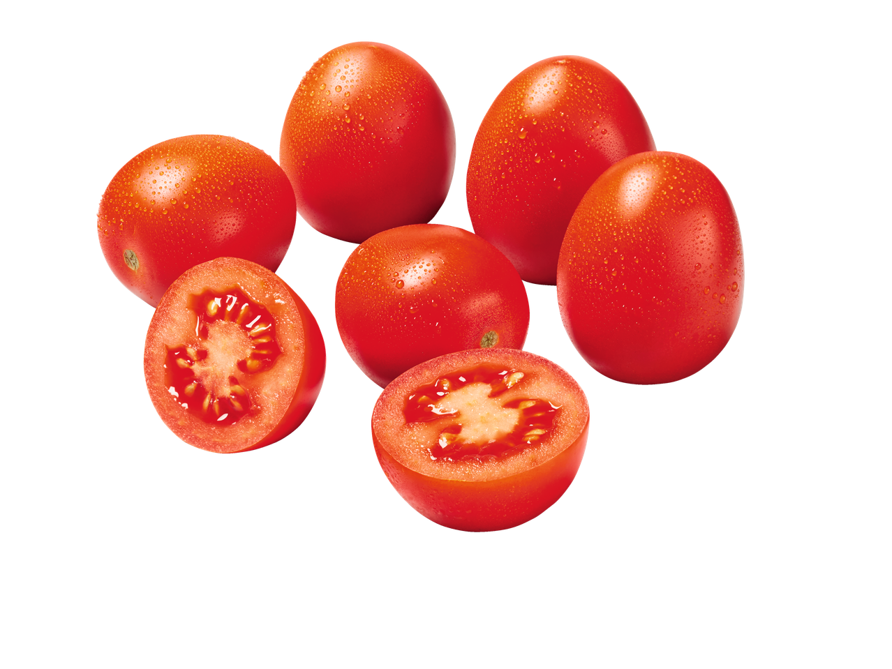 Tomates cerises rouges juteux, certains coupés en deux.