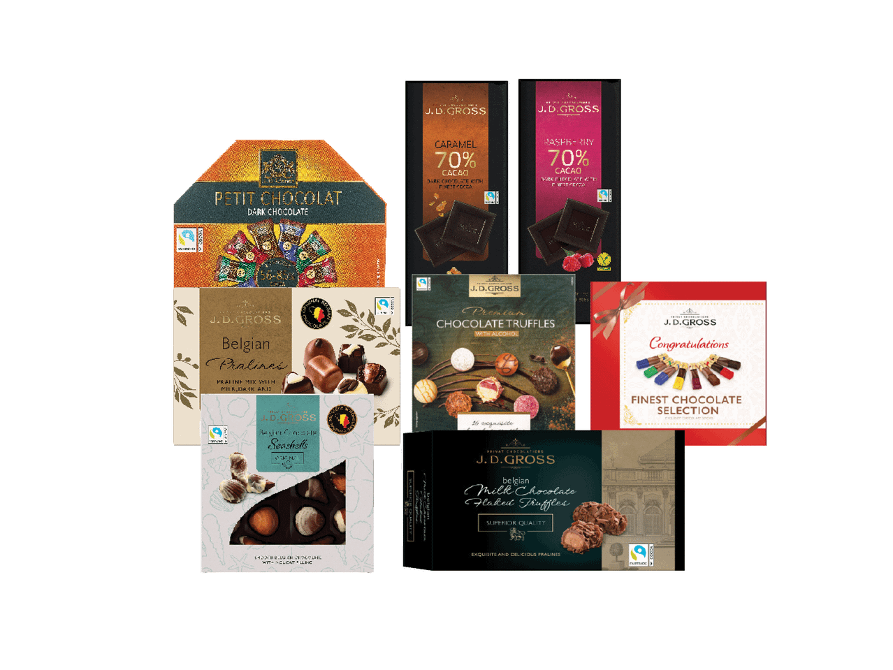 J.D. Gross šokolado asortimentas: praline, triufeliai, jūros kriauklės ir šokolado plytelės.