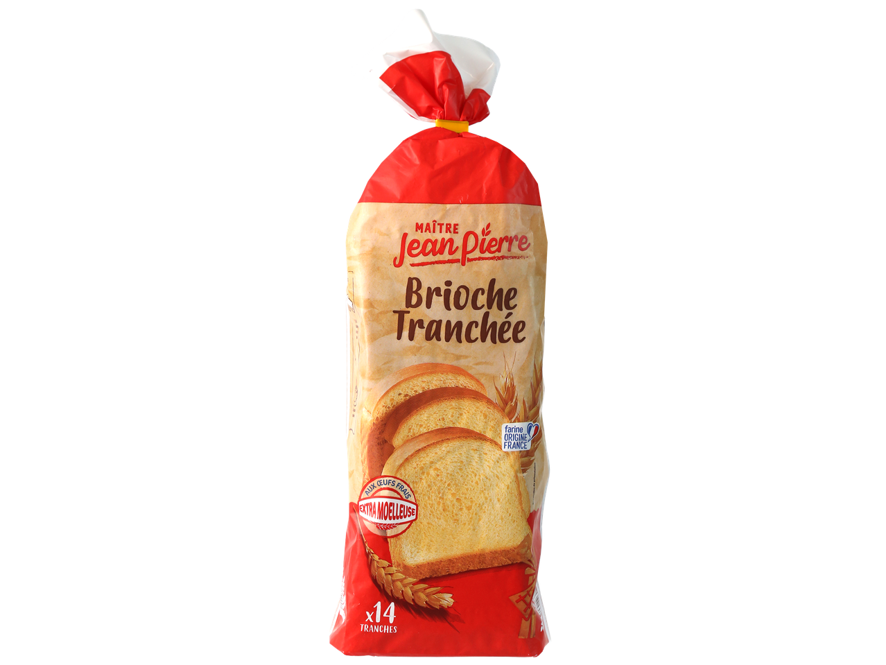 Paquet de brioche tranchée, extra moelleuse, aux œufs frais, 14 tranches, farine d'origine France.