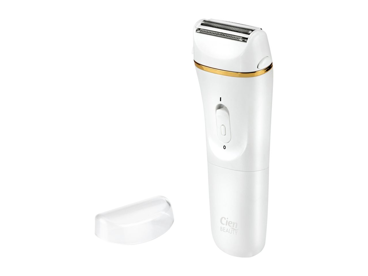 White electric shaver with gold trim and a clear protective cap