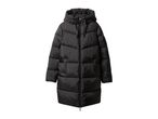 Black long puffer coat with a hood and zipper closure