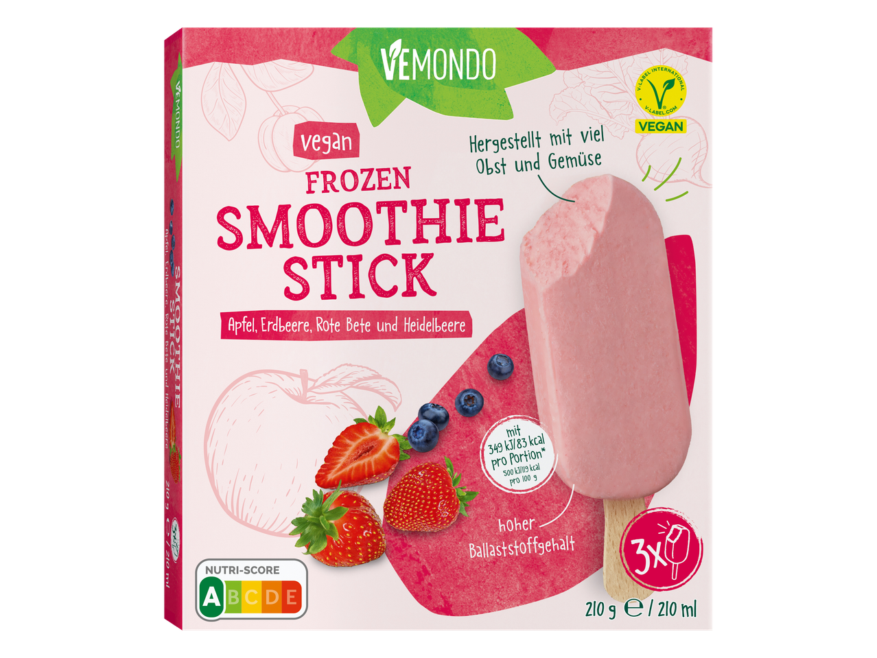 Vemondo vegan Smoothie Sticks mit Apfel, Erdbeere, Rote Bete und Heidelbeere.