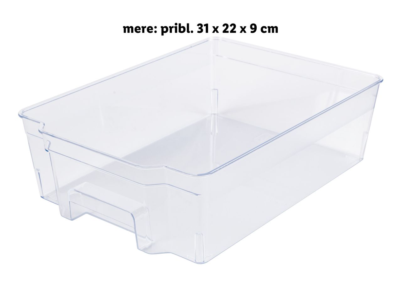 Prozoren plastični predal za hladilnik, mere: približno 31 x 22 x 9 cm.
