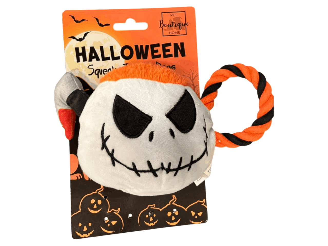 Plüss halloweeni kutyajáték narancssárga-fekete kötéllel.