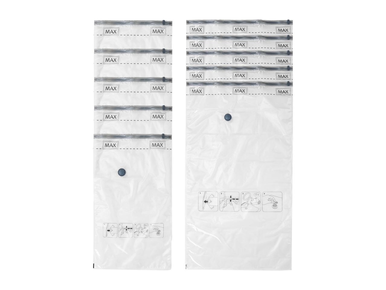 A set of clear vacuum storage bags with a 'MAX' fill line and instructions.