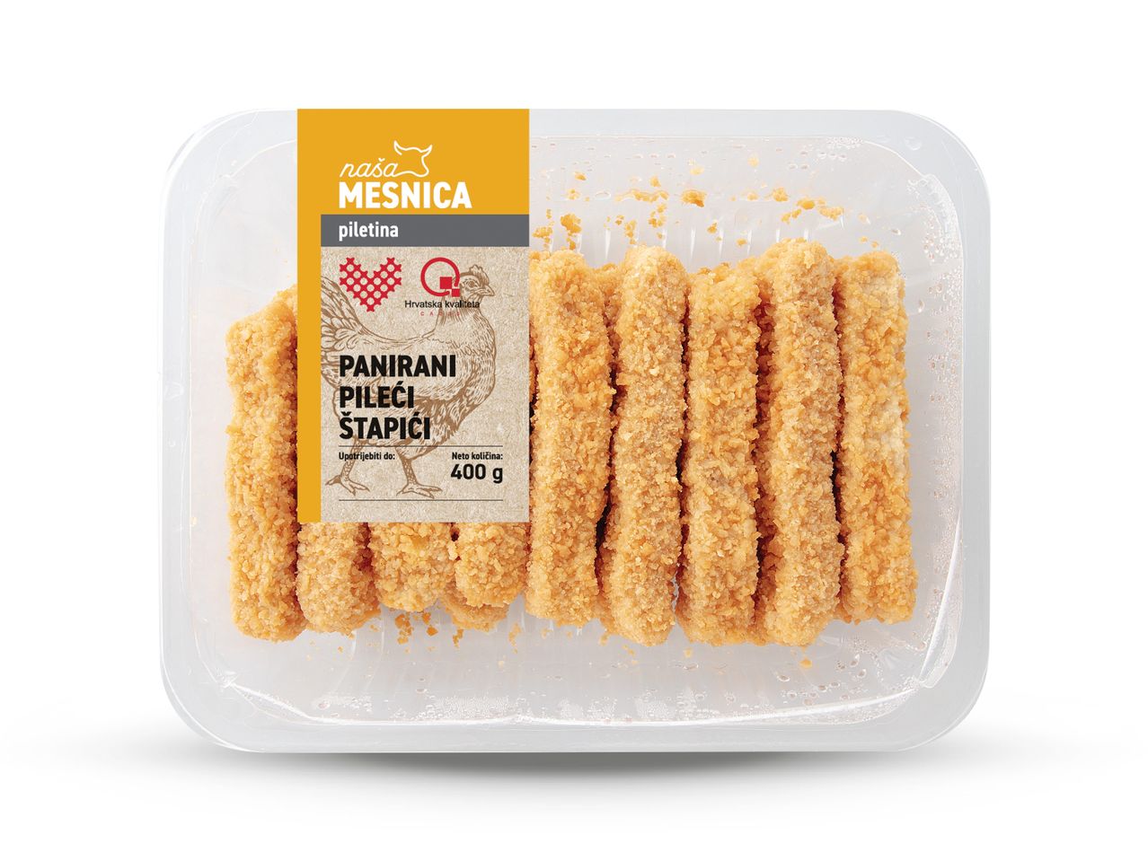 Pakiranje pohanih pilećih štapića marke Naša Mesnica, 400 g.
