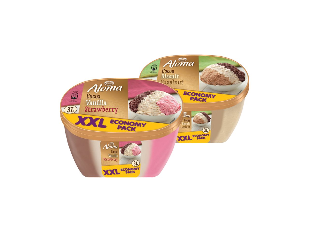 Dve posude Nestle Alome XXL sladoleda sa ukusom čokolade, vanile i jagode, i čokolade, keksa i lešnika.
