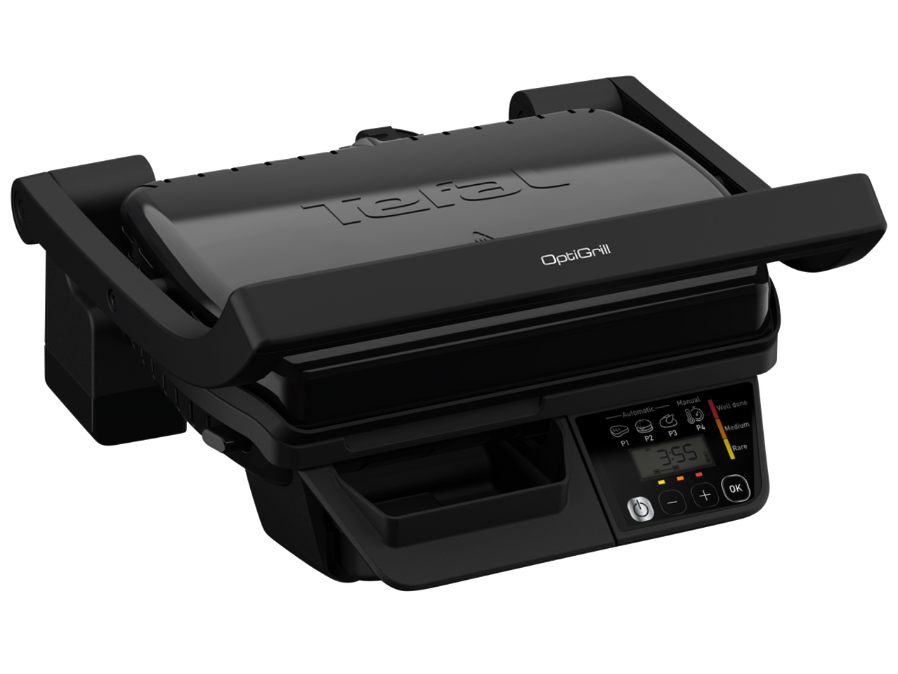 Електрическа скара Tefal OptiGrill с дигитален дисплей и автоматични програми за готвене.