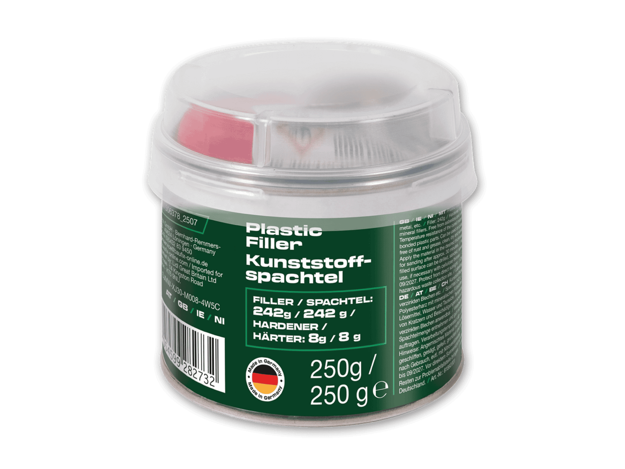 Kunststoffspachtel und Härter in einem Behälter, 250g Gesamtgewicht.