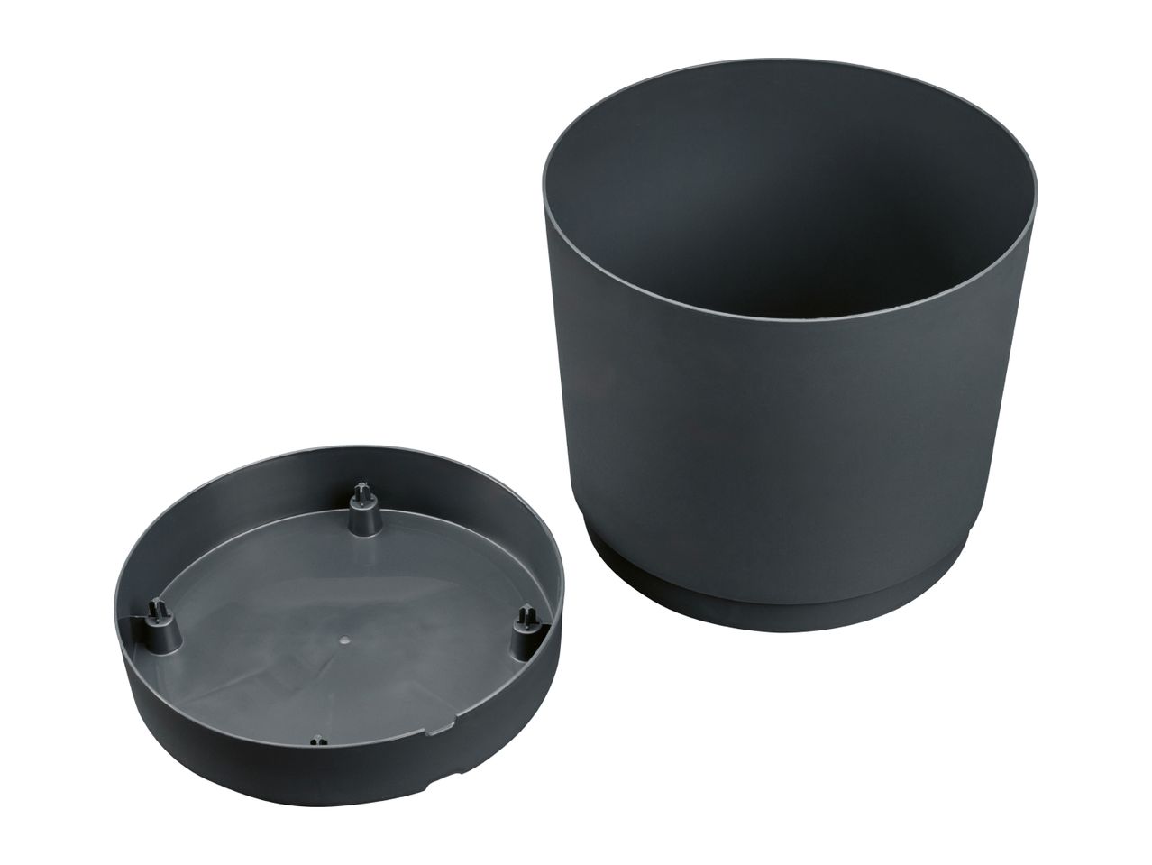 Dark grey round plastic plant pot with a detached base on a white background.