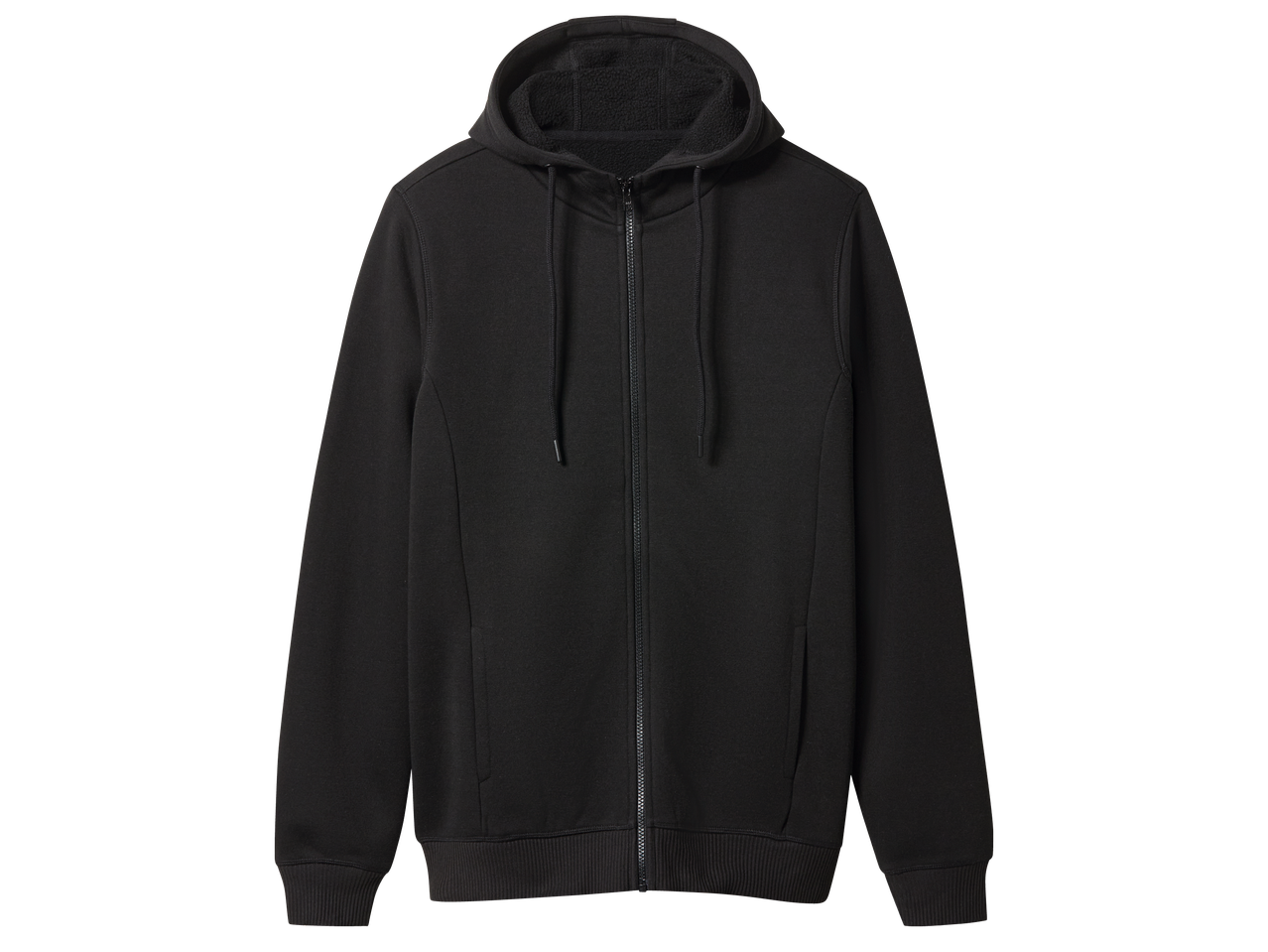 Черен мъжки суичър с качулка и цип, изработен от мека материя.