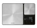 Digital kitchen scale with two weighing platforms, displaying 0.00g and 0g, with tare and unit buttons.