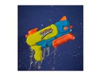 Yellow and blue water blaster with orange accents, surrounded by splashing water.