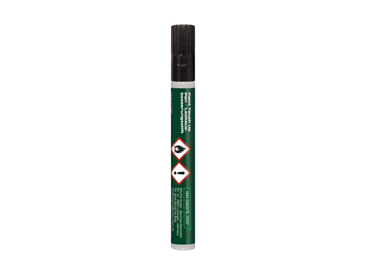 Paint touch-up pen with hazard symbols and contact information.