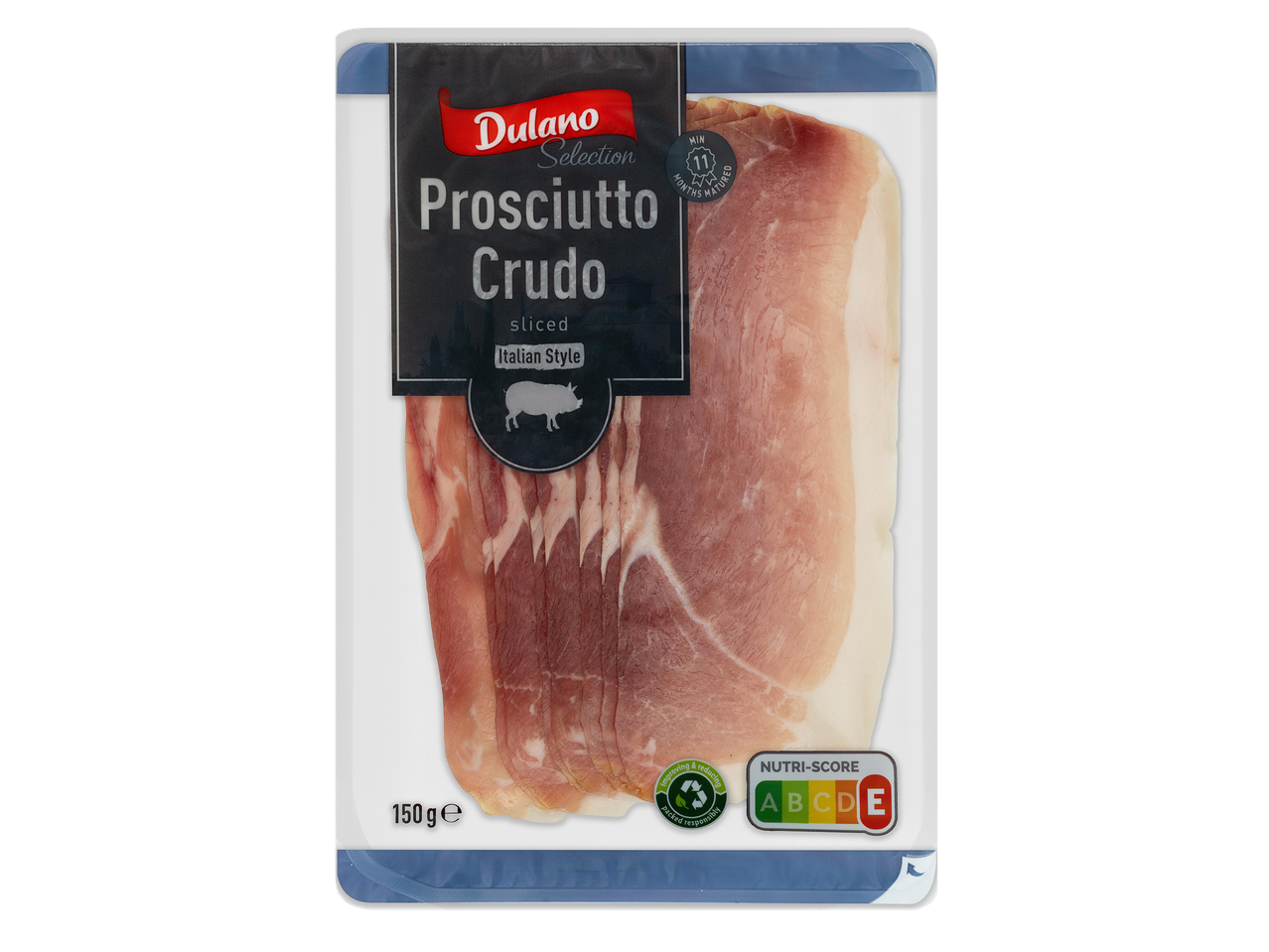 Szeletelt olasz stílusú pármai sonka, 11 hónapig érlelt, 150g-os kiszerelésben, E nutri-score-ral.