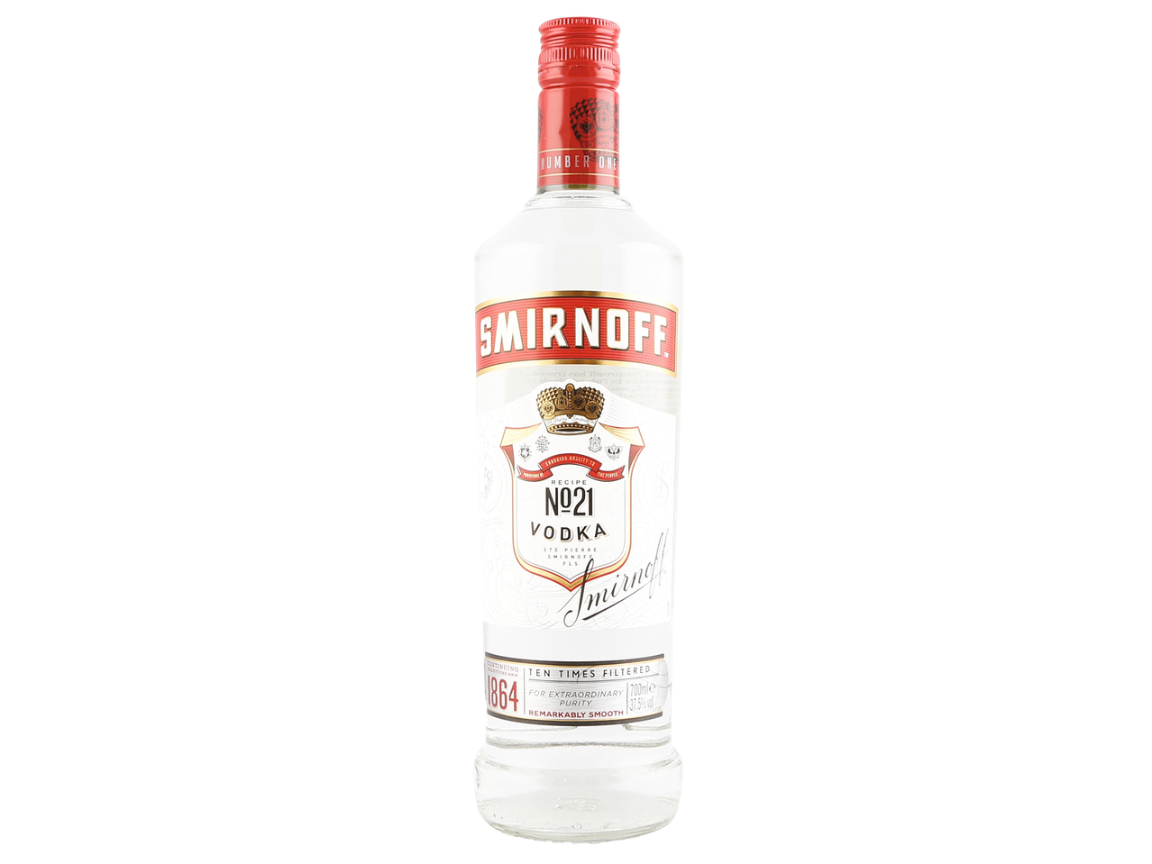 Smirnoff No. 21 Vodka bottle with a red label and cap.