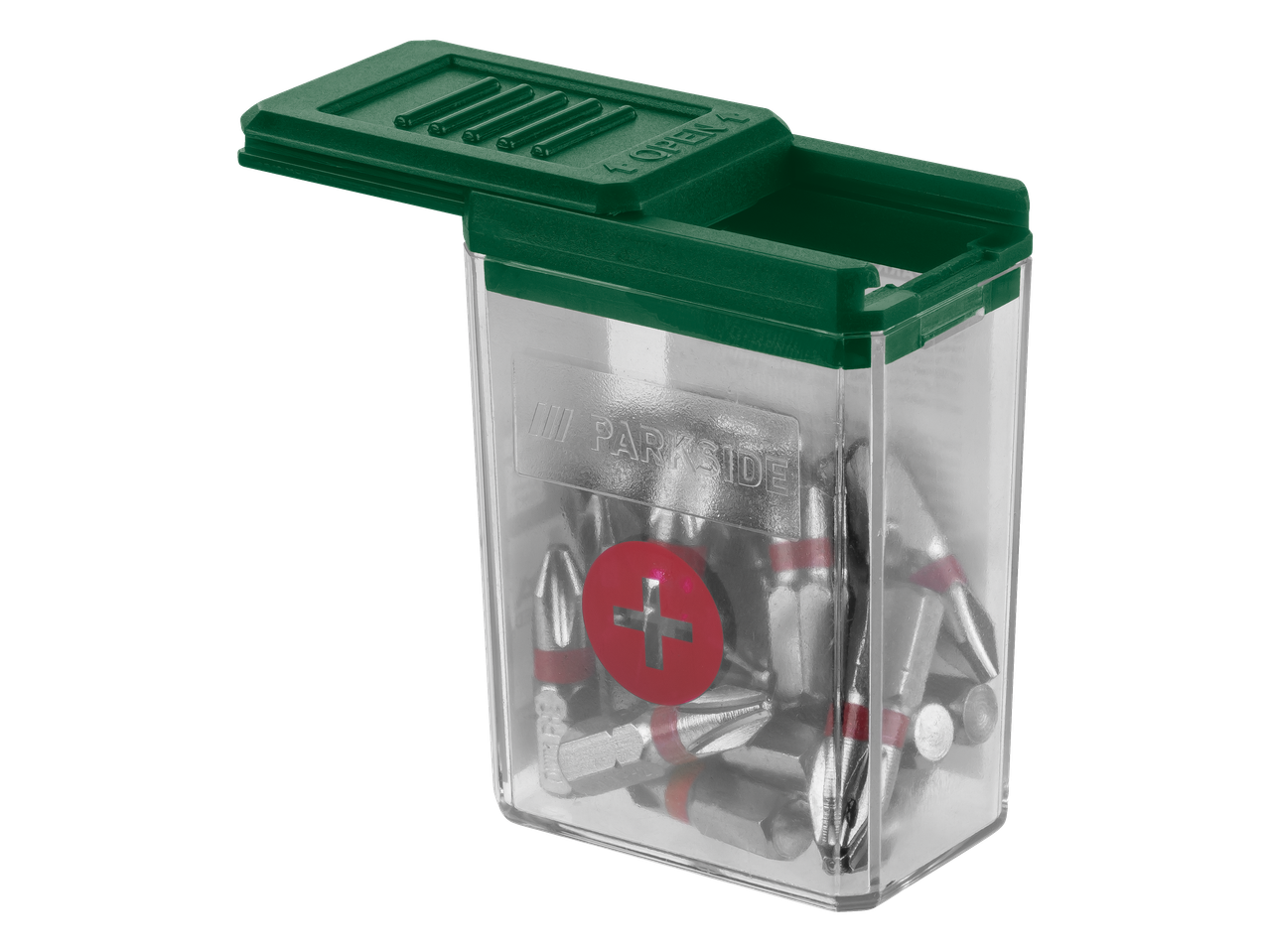 Parkside® schroevendraaierbitset in een transparante doos met een groen deksel.