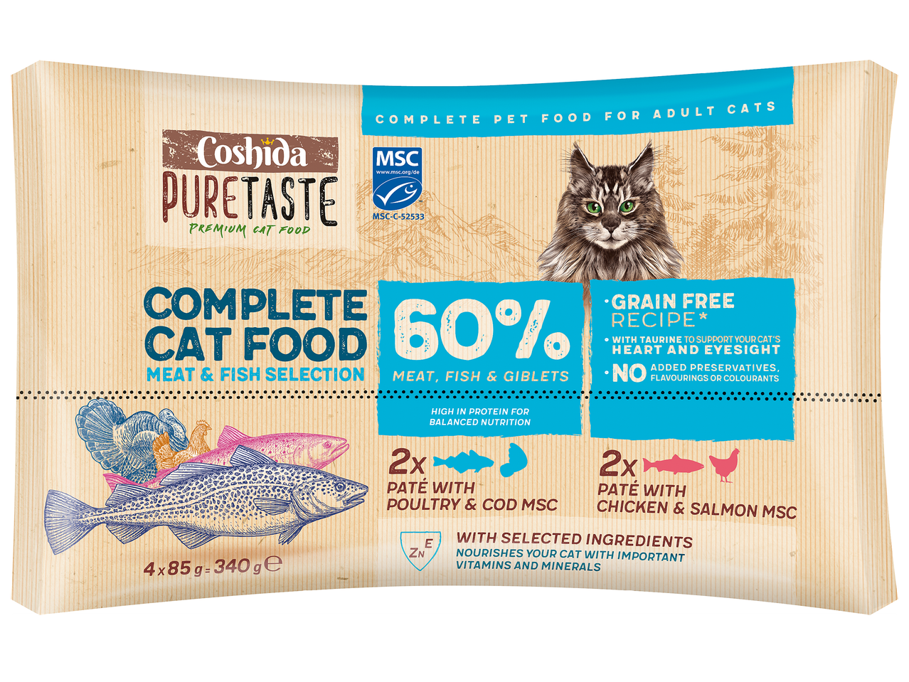 Пълноценна котешка храна с 60% месо и риба, без зърнени култури, 4x85g.