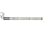 Two olive green trekking poles with black handles and adjustable length markings.