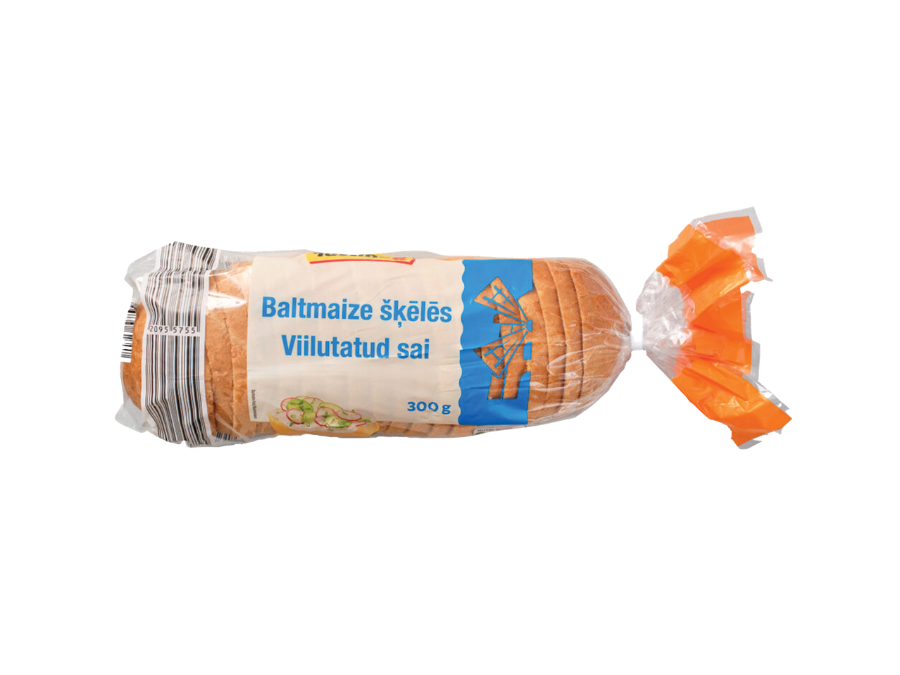 Iepakojums ar sagrieztu baltmaizi ar uzrakstu 'Baltmaize šķēlēs Viilutatud sai' un 300 g.