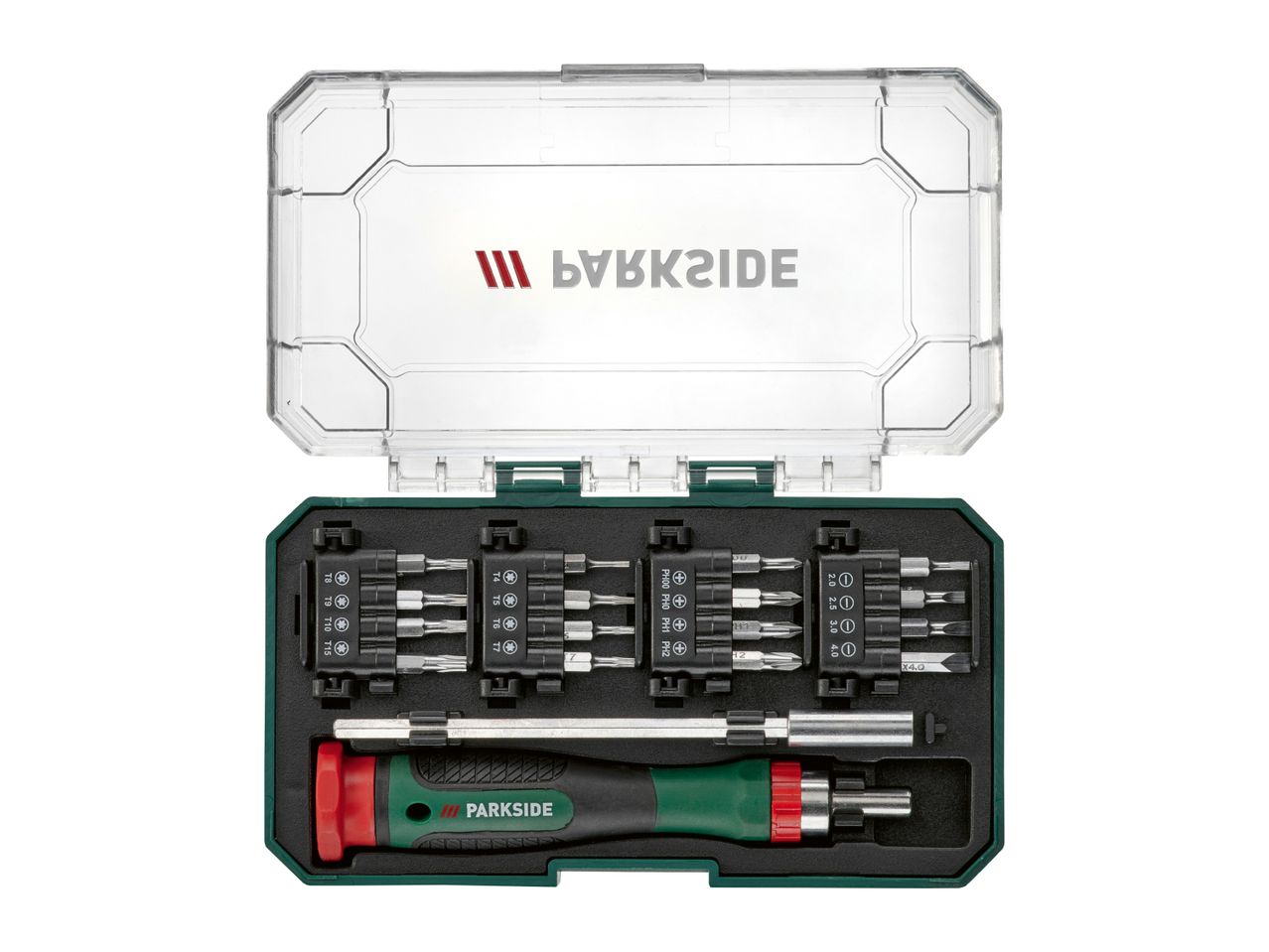 A Parkside screwdriver set with various bits and a handle in a green and black case.