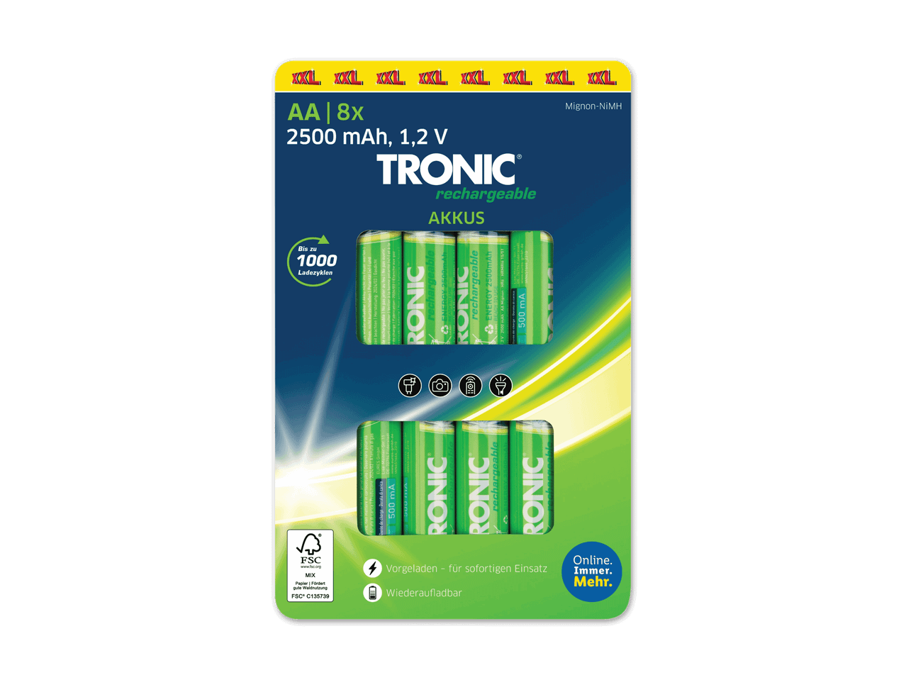 Verpackung von TRONIC AA 2500 mAh NiMH-Akkus, 8 Stück, vorgeladen und wiederaufladbar.