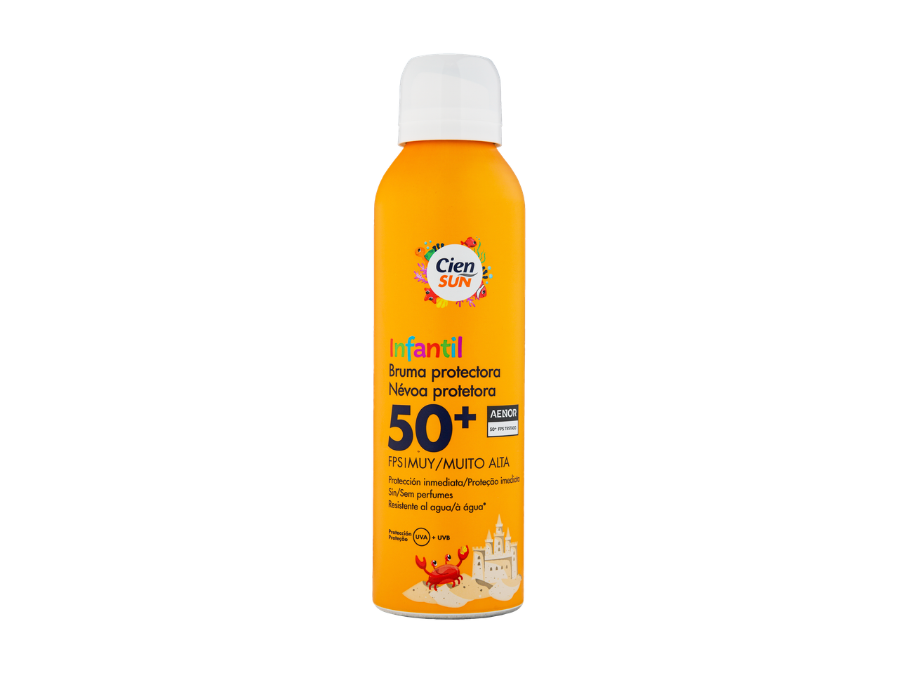 Spray solar infantil Cien Sun 50+ FPS muito alta, sem perfume, resistente à água.