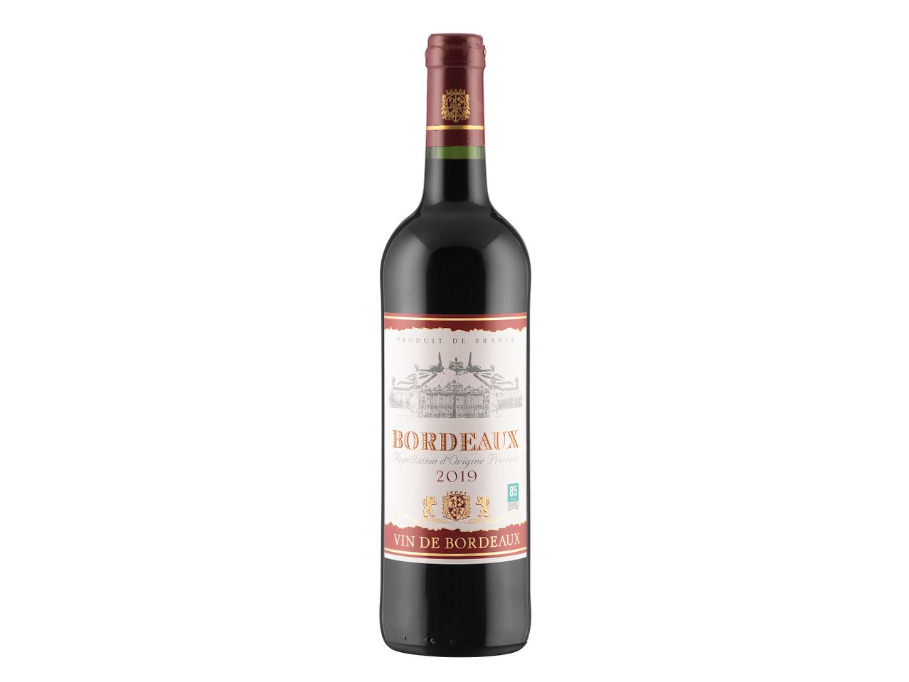 Bottle of 2019 Bordeaux red wine.