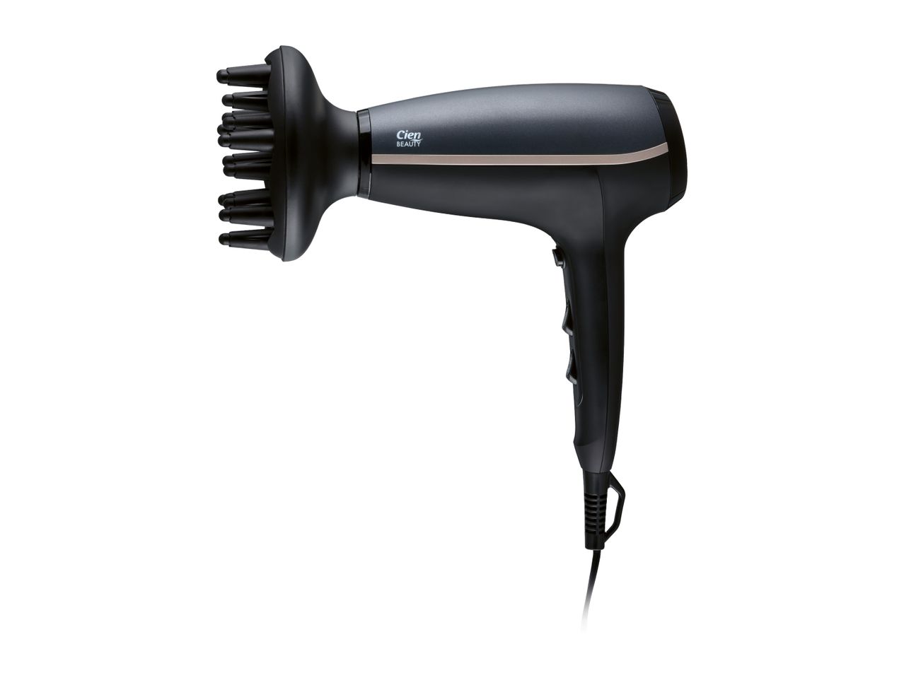 Black hair dryer with a diffuser attachment and a gold stripe on the body.