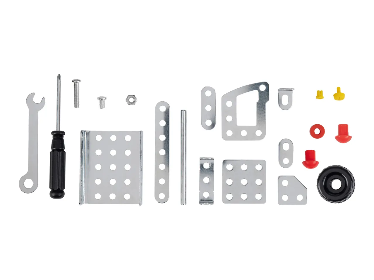 Metal construction toy parts and tools.