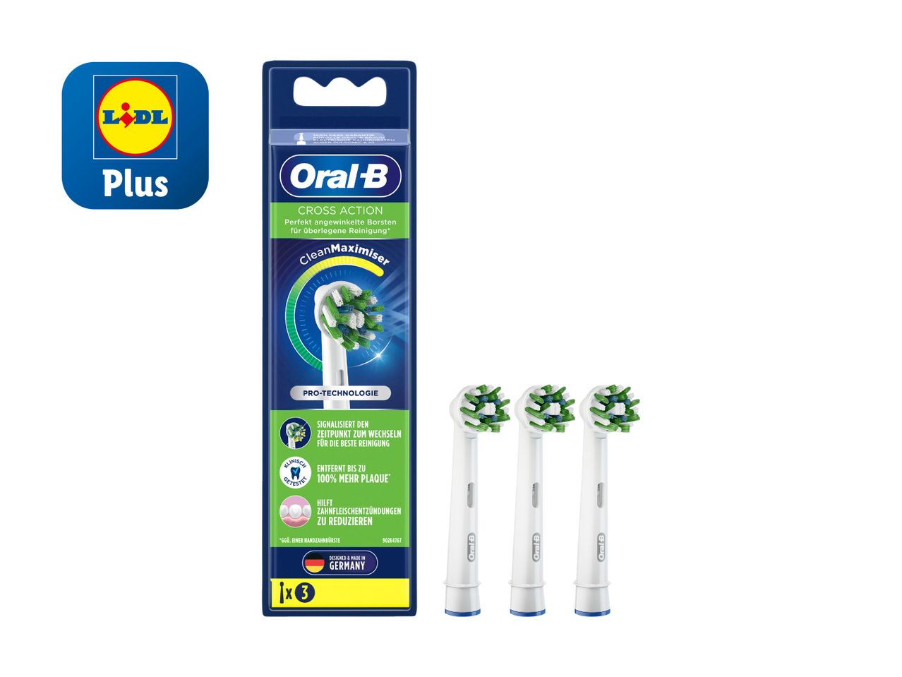 Drei Oral-B Plus elektrische Zahnbürstenaufsätze.