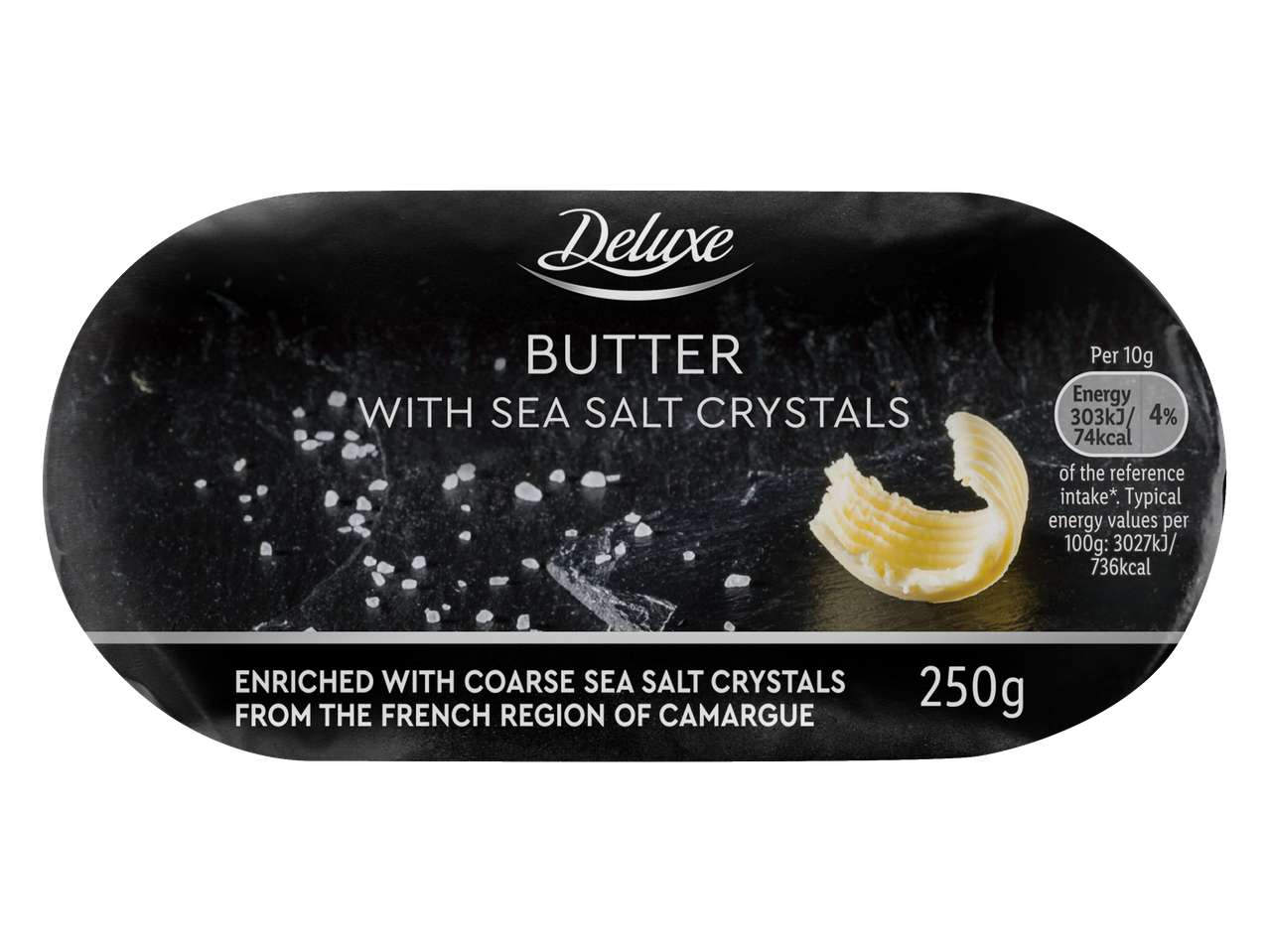 Deluxe Butter with Sea Salt Crystals, 250g, with energy values per 10g and 100g.