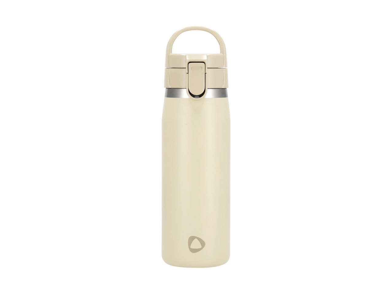 Cream-colored insulated water bottle with a handle and a push-button lid.