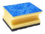A multi-layered cleaning sponge with a blue patterned top, yellow middle, and dark gray bottom.
