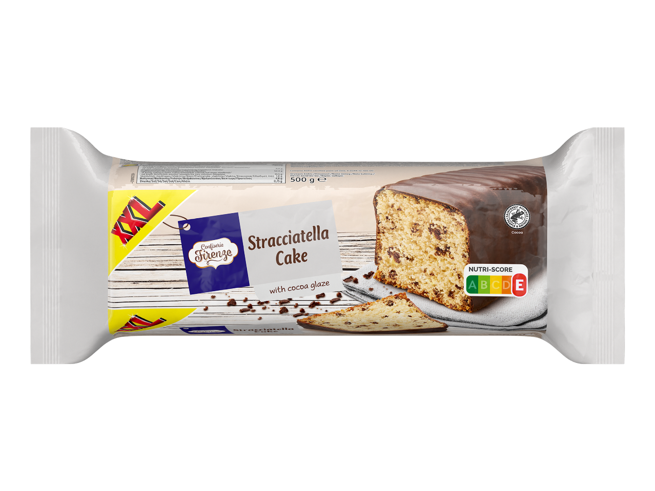 Опаковка с кекс „Страчатела“ с какаова глазура, 500 г, с Nutri-Score C.