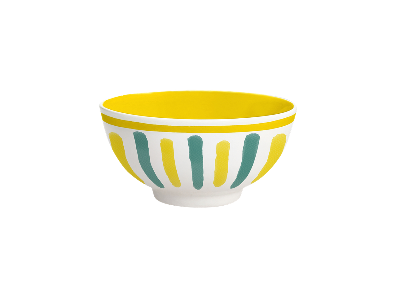 Tigela Tognana com interior amarelo e riscas verticais amarelas e verde-azulado.