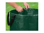 Hands adjusting the top rim of a green garden waste bag with a black handle.