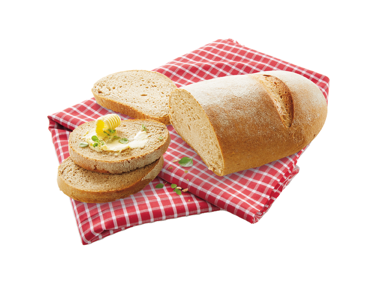 Kruh s maslacem i začinskim biljem na crveno-bijeloj kariranoj krpi.