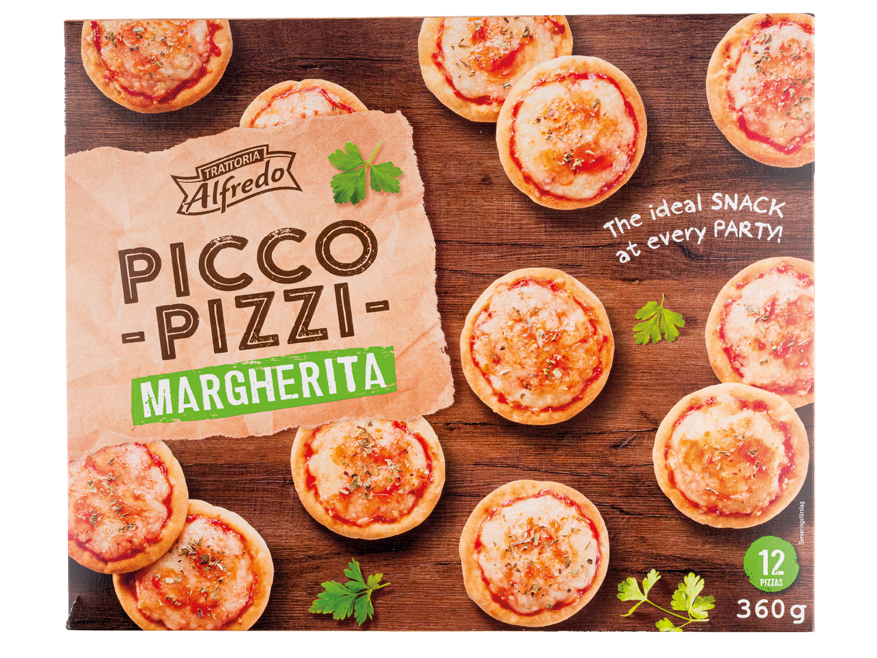 Förpackning med Trattoria Alfredo Minipizzor Margheritaa, små frysta pizzor.