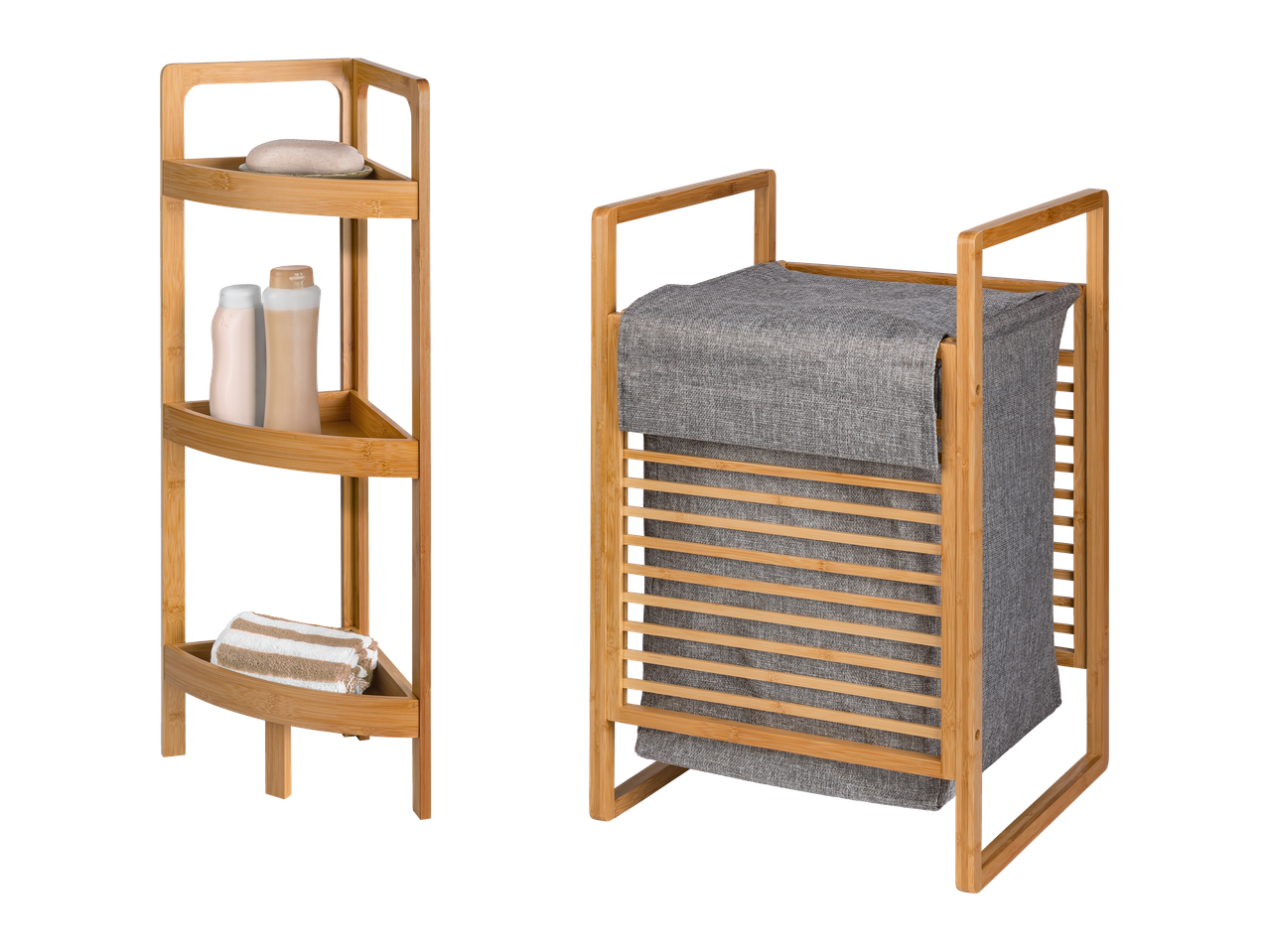 Kutna polica i košara za rublje od bambusa s tekstilnom oblogom.