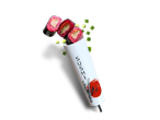 Drie sushirollen met roze rijst en komkommer, uit een witte koker met 'SUSHI' erop.