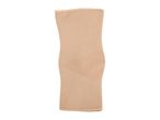 A beige knee brace made of knitted fabric, isolated on a white background.