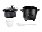 Black rice cooker with inner pot, glass lid, measuring cup, and serving spoon.