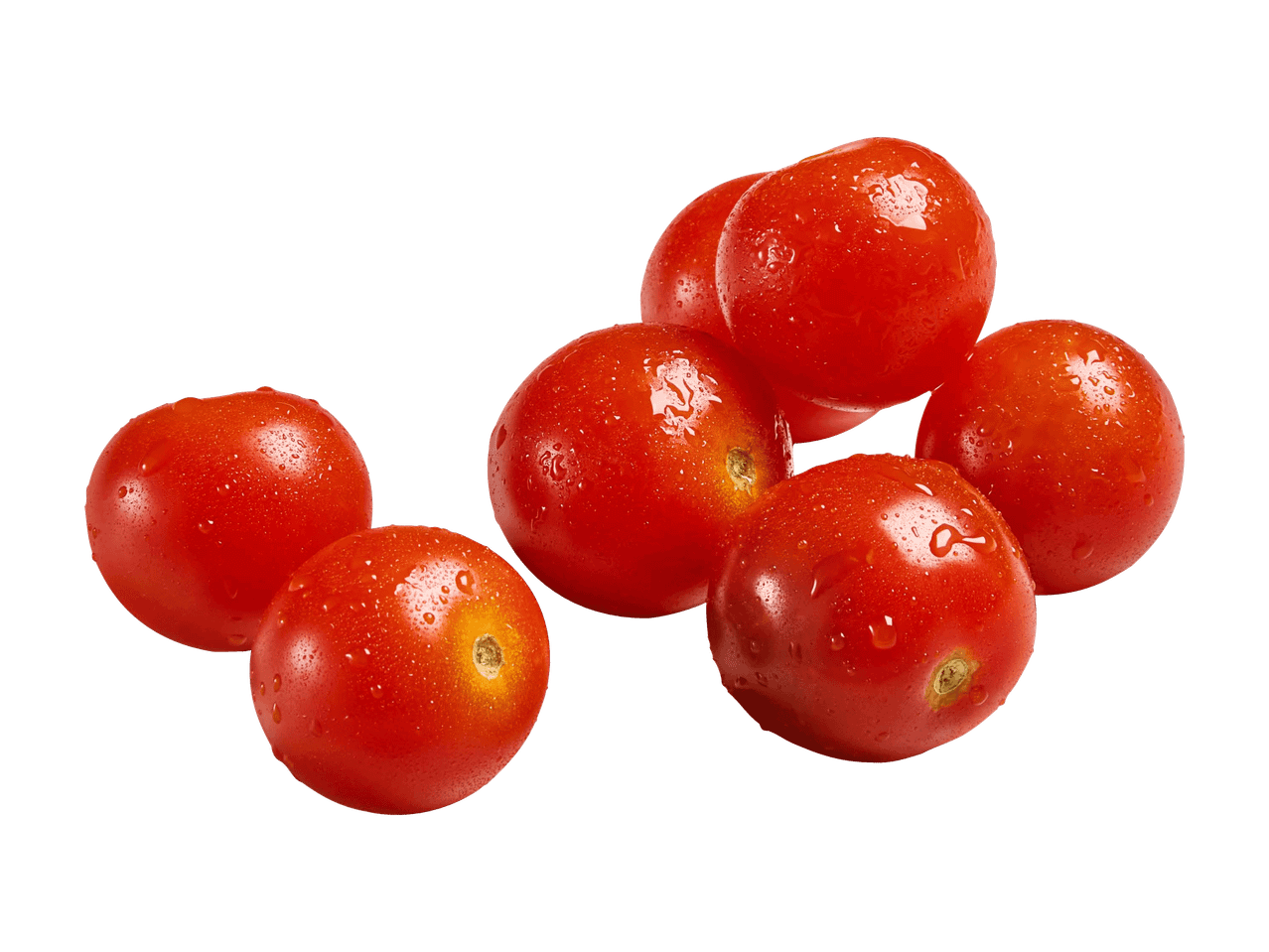 Kourallinen tuoreita, punaisia kirsikkatomaatteja valkoisella taustalla.