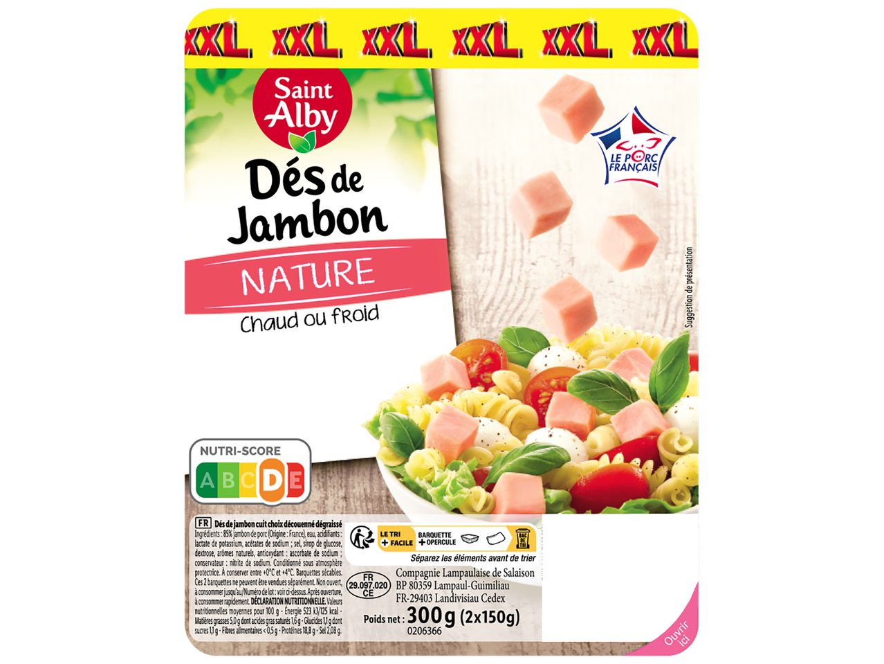 Dés de jambon nature, chauds ou froids, avec Nutri-Score A et poids net de 300g.
