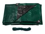 Green tarpaulin with black reinforced corners and a coiled green rope.
