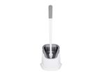 White and gray toilet brush with a holder on a white background.